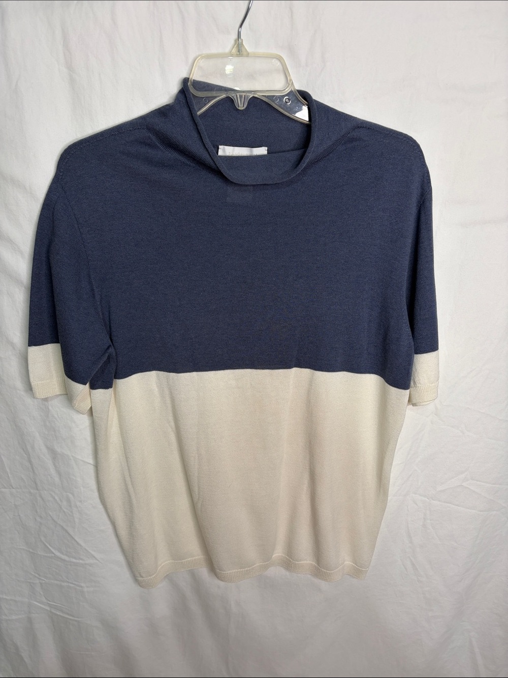 Navy and Cream Short-Sleeve Colorblock Knit Top